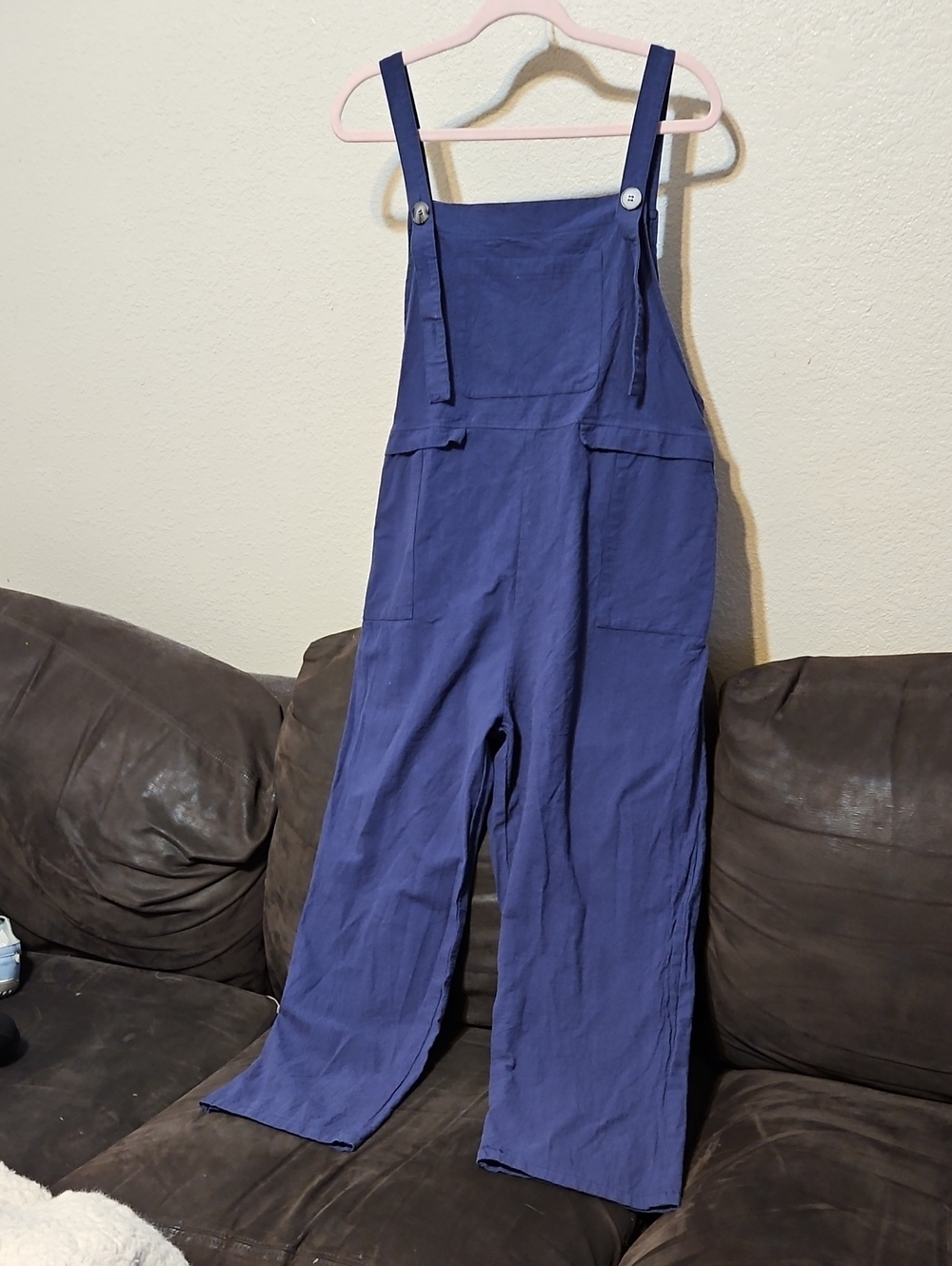 Womens Blue Wide-Leg Linen Blend Overalls
